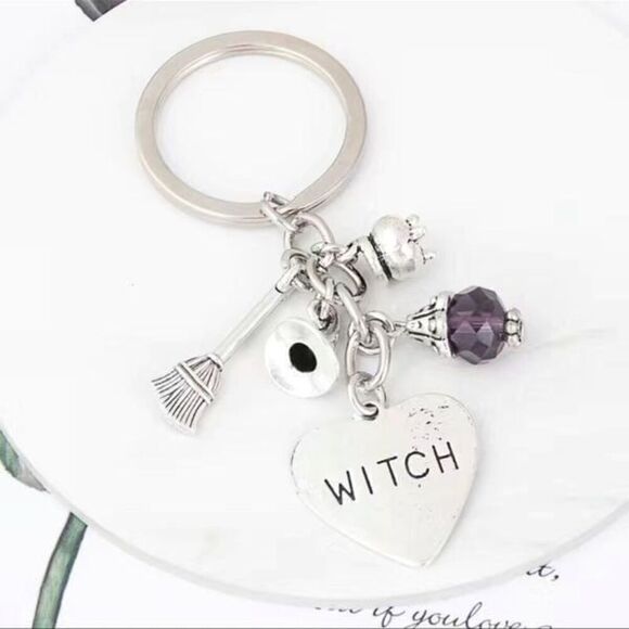 Witch, Keychain with cauldron broom, witch hat, purple beaded, glass, crystal - Picture 4 of 5